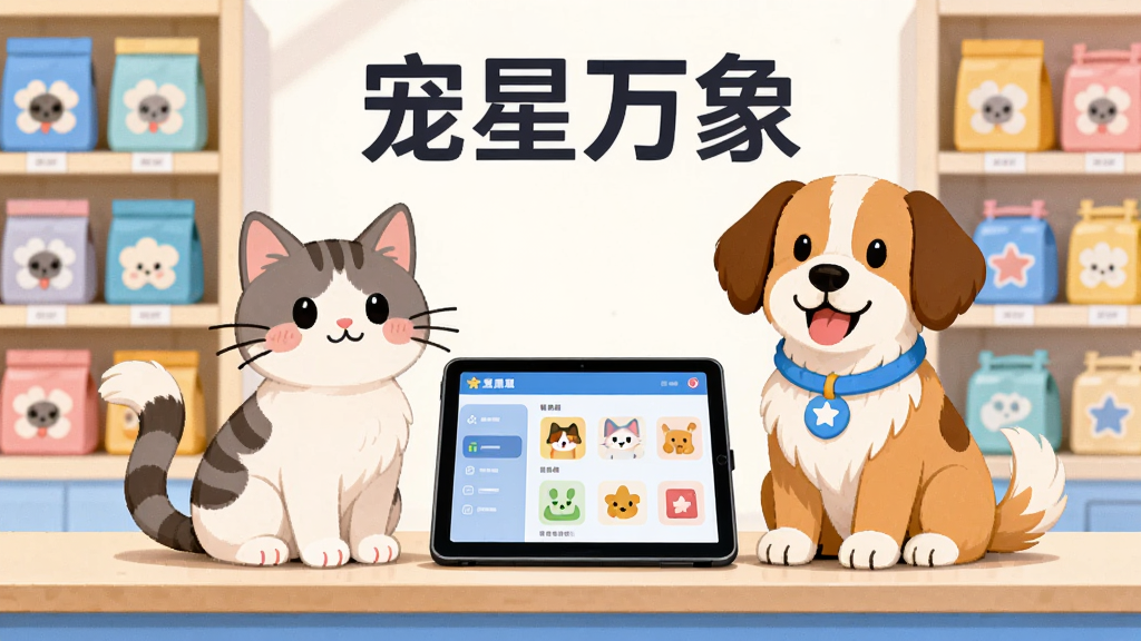 一只可爱的宠物猫和宠物狗坐在明亮的宠物店柜台前,柜台上放着一台显示管理界面的平板电脑,背景是整齐的宠物用品货架,画面中央有
