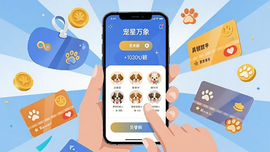 宠物店老板用手机查看会员储值页面,画面中手机屏幕显示
