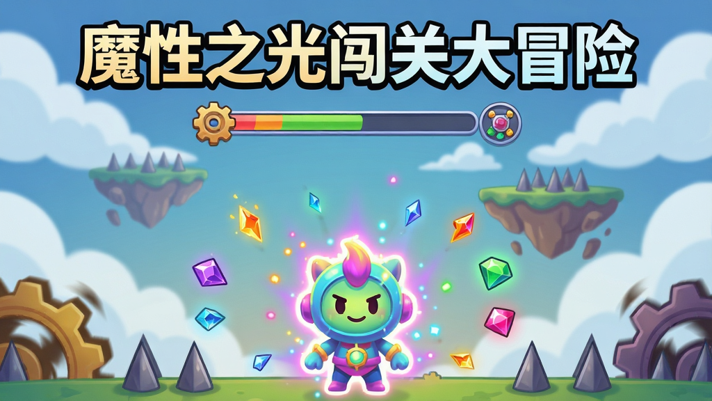 画面主体是一个散发着彩色光芒的卡通角色站在充满旋转齿轮与尖刺陷阱的奇幻关卡中央,周围漂浮着能量碎片与发光宝石。布局采用中心对称构图,角色位于画面正下方三分之一处,上方留出空间展示关卡进度条与收集道具。排版上顶部用粗体字写
