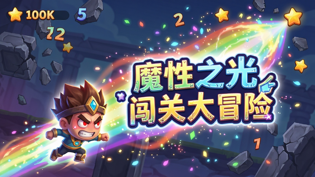 画面主体为魔性之光闯关大冒险中的主角角色释放技能瞬间,周围环绕着五颜六色的光波与粒子特效。布局采用对角线构图,角色位于左下角向右上方冲刺,身后拖曳出彩虹色光尾。排版上画面中央用发光字体写