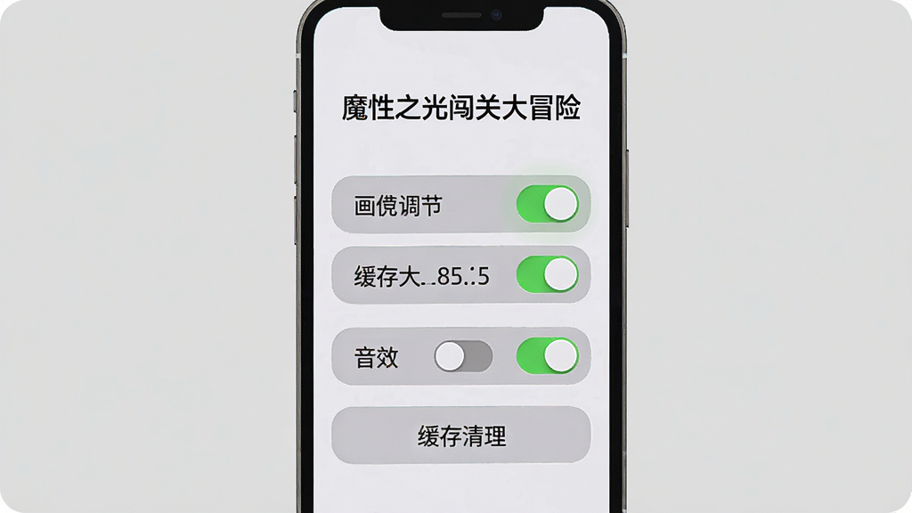 画面主体为一部手机屏幕显示魔性之光闯关大冒险的游戏设置界面,界面中有画质调节、音效开关和缓存清理按钮。布局采用竖屏手机界面居中展示,背景为纯色浅灰。排版上界面顶部用黑色字体写