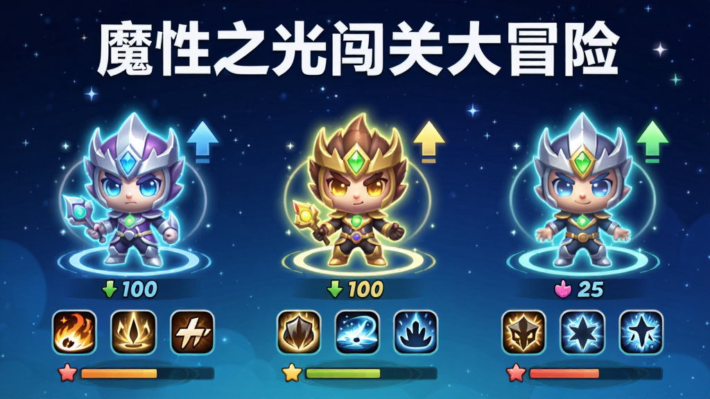 画面主体为魔性之光闯关大冒险的角色养成界面,画面中央展示三个不同外观的发光角色并排站立,每个角色下方有等级数字与技能图标。布局采用横向排列,背景为深蓝色星空渐变。排版上顶部用白色粗体字写