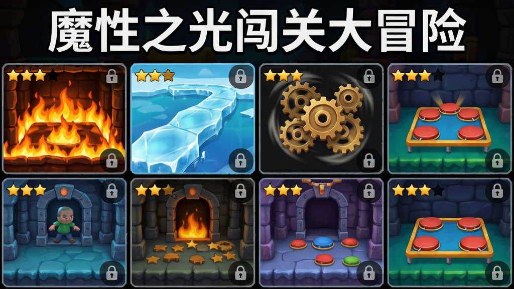 画面主体为魔性之光闯关大冒险的多个关卡缩略图以网格形式排列展示,每个格子中呈现不同主题的机关场景,包括火焰陷阱、冰面滑道、旋转齿轮和弹跳床。布局采用三行四列的整齐网格,顶部用大号字体写