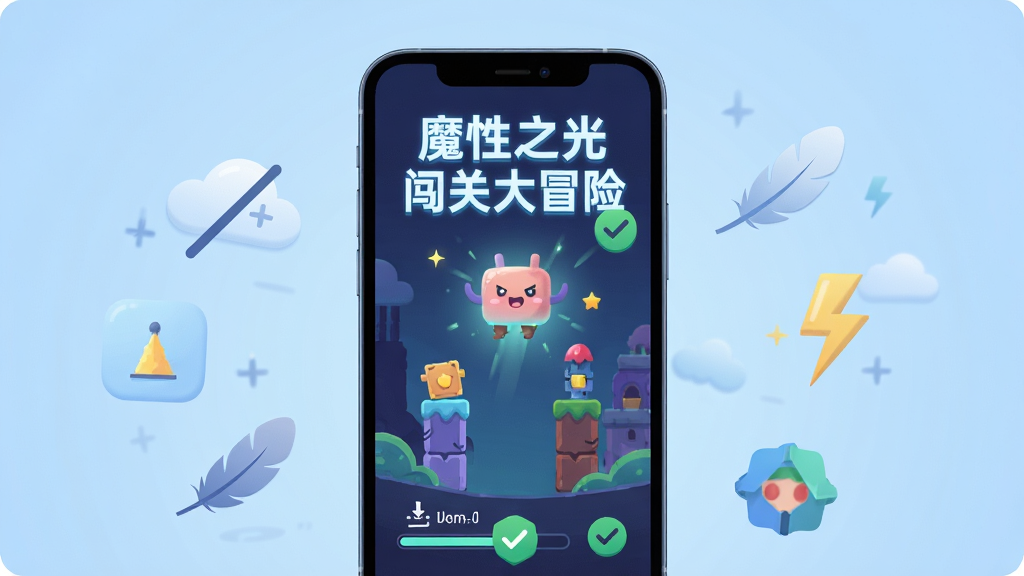 画面主体为一部智能手机屏幕中显示魔性之光闯关大冒险的游戏画面,手机周围环绕着代表离线与轻量的图标,如云朵加斜杠、羽毛、闪电等。布局采用中心构图,手机竖直放置于画面正中,背景为淡蓝色渐变。排版上手机屏幕上方用发光字写