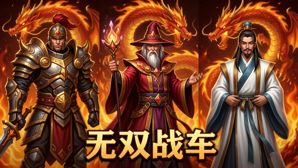主体是三位不同职业风格的传奇角色并肩站立,布局为左中右三列排开,排版采用等距构图,风格为火龙主题红金配色,细节包括战士重甲、法师法袍、道士道袍、背景火龙盘旋,画质高清、干净、无多余元素,画面中打文字“无双战车”。