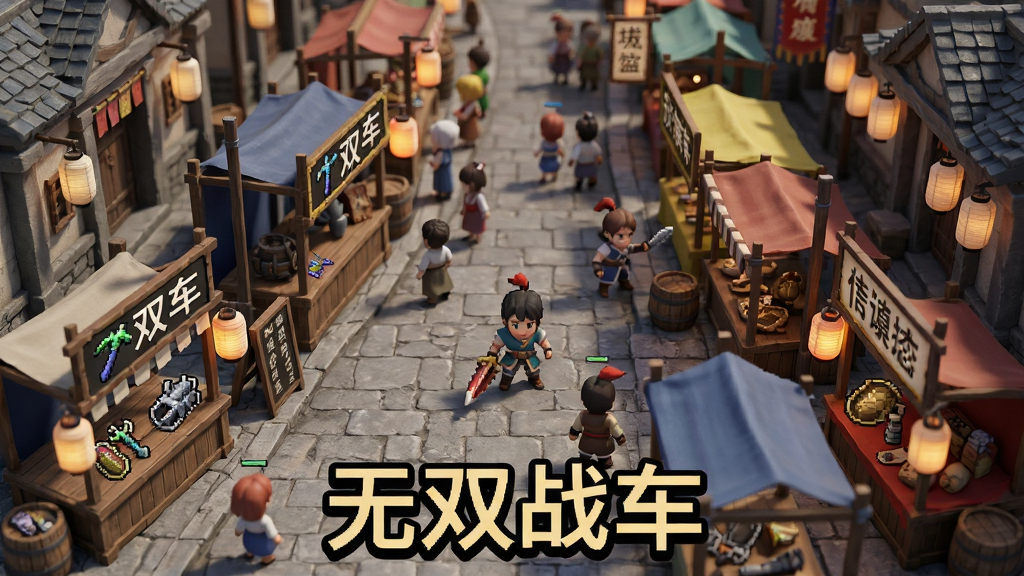 主体是一个热闹的传奇摆摊集市,布局为多个摊位沿街道两侧排列,排版采用俯视广角,风格为复古像素与写实结合,细节包括摊位上的装备图标、玩家角色、灯笼与招牌,画质高清、干净、无多余元素,画面中打文字“无双战车”。
