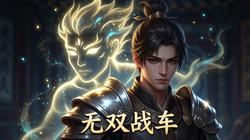 主体是一个悬浮在角色身后的发光元神虚影,布局为角色在前、元神在后形成叠影,排版采用半身特写,风格为东方玄幻光效,细节包括元神面部轮廓、能量粒子、角色肩甲反光,画质高清、干净、无多余元素,画面中打文字“无双战车”。
