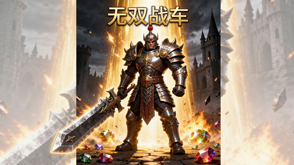 主体是一位身穿铠甲的单职业战士手持巨剑站在爆装光柱中央,布局为人物居中、光柱从地面冲天而起,排版采用竖版全身像,风格为复古传奇高爆光效,细节包括装备纹理、地面散落宝石、背景暗黑城堡,画质高清、干净、无多余元素,画面中打文字“无双战车”。