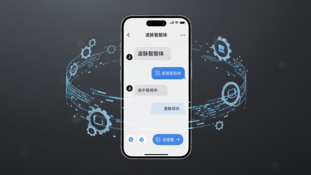 画面中央放置一部智能手机,手机屏幕显示凌脉智能体的对话界面,界面中有简洁的聊天气泡和功能按钮,手机周围环绕着发光的蓝色数据流与齿轮图标,背景为深灰色渐变,整体风格科技感十足,细节清晰,画质干净,无多余元素