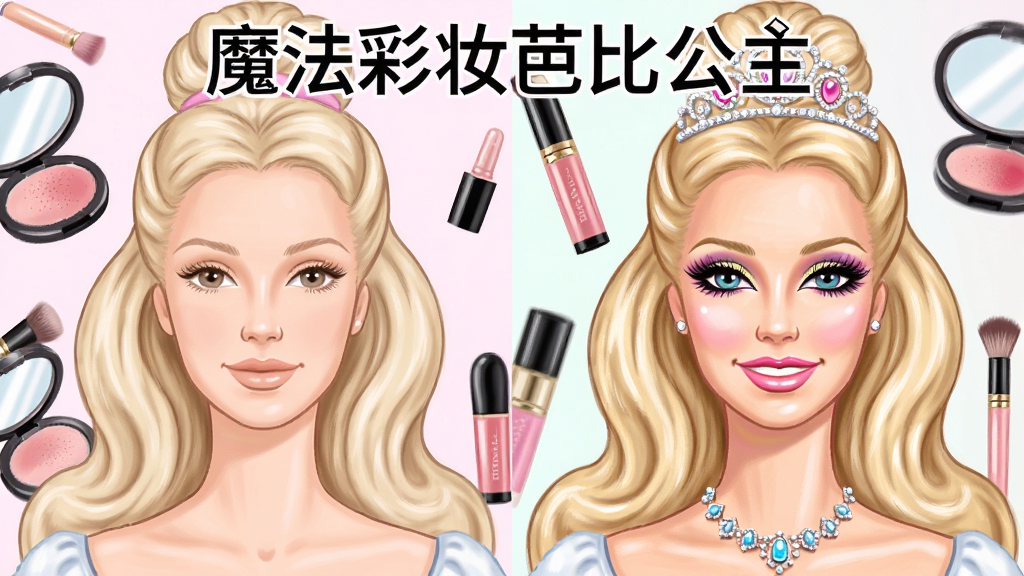 一幅展示芭比公主妆容对比的画面,主体为两位芭比公主形象,布局为左侧素颜右侧完妆形成对比,排版左右分割,风格为时尚美妆插画风格,细节包括左侧公主素雅自然、右侧公主妆容精致佩戴皇冠和项链、背景有化妆品元素点缀,画质细腻色彩明亮,干净无多余元素,图片上方标注文字“魔法彩妆芭比公主”