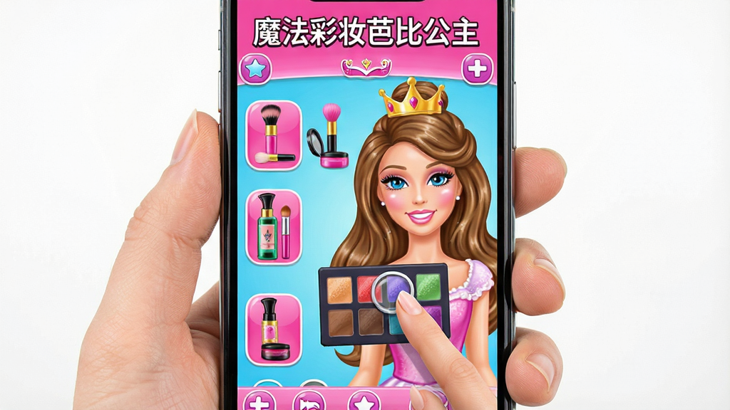 一幅展示手机屏幕上魔法彩妆芭比公主游戏界面的画面,主体为一只手拿着智能手机,布局为手机屏幕占据画面中心,排版为竖屏展示,风格为数码产品实拍风格,细节包括屏幕中显示芭比公主化妆界面、色彩鲜艳的化妆品图标、手指正在点击眼影盘,画质清晰明亮,干净无多余元素,手机屏幕上方标注文字“魔法彩妆芭比公主”