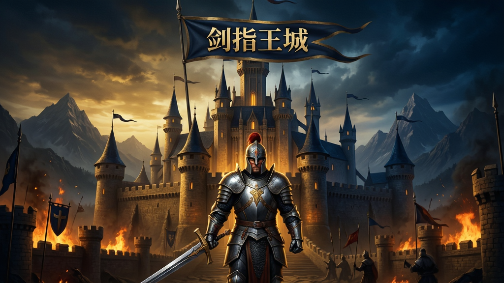 一张魔幻风格的游戏主界面截图,画面中央是一座宏伟的城堡,城堡上方飘着“剑指王城”的旗帜,前景站着一位身穿铠甲手持长剑的领主,背景是燃烧的战火与远处的山脉,画面采用写实魔幻风格,色彩偏暗金与深蓝,细节丰富,画质高清,干净无多余元素