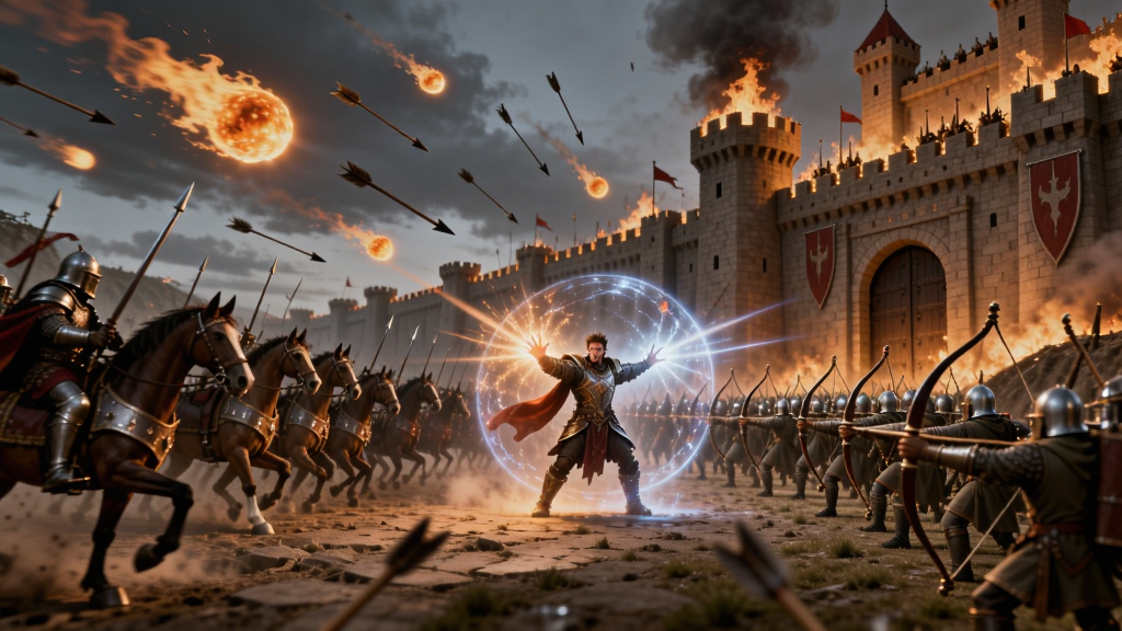 一场激烈的魔幻攻城战场景,画面左侧是进攻方的骑兵与步兵方阵,右侧是守城方的弓兵与城墙,空中飞舞着火球与箭矢,画面中央一位英雄正在释放大招,技能光效华丽,背景是燃烧的城门,画面风格写实魔幻,色彩对比强烈,画质高清,干净无多余元素