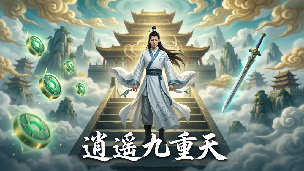 画面中央是一位身穿白色仙袍的年轻修仙者,站在云雾缭绕的九重天阶之上,背景是层层叠叠的仙山楼阁与金色祥云,画面左侧漂浮着几枚发光的仙玉,右侧有一柄悬浮的飞剑,整体采用国风仙侠美术风格,色彩以青蓝、金色、白色为主,细节精致,画质高清,干净无多余元素,画面中下方用毛笔字体写着“逍遥九重天”