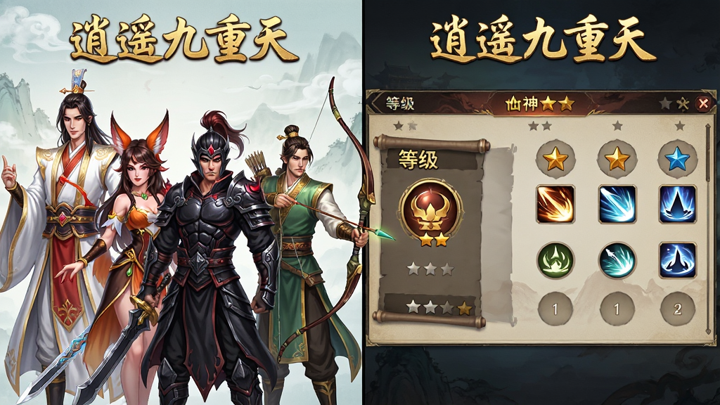 画面分为左右两部分,左侧展示四位不同阵营的神将立绘,分别是仙族白衣剑客、妖族狐耳少女、魔族黑衣战士、人族持弓侠客,右侧展示神将养成界面,包含等级、星级、技能图标等元素,整体采用国风仙侠风格,色彩丰富但整洁,画质高清,干净无多余元素,画面顶部用金色字体写着“逍遥九重天”