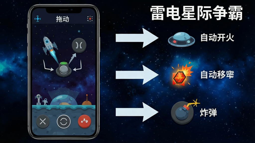 一张游戏玩法说明图,左侧为手机竖屏操作界面,右侧用箭头标注拖动移动、自动开火、炸弹按钮位置,背景为深空星空,风格为扁平化信息图,细节有文字标注“拖动移动”“自动开火”“炸弹”,画质干净,带有文字“雷电星际争霸”