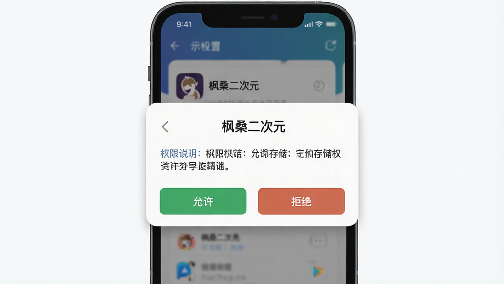 һ��չʾ�ֻ�Ӧ�ð�װȨ�����ý����ʾ��ͼ������Ϊ�ֻ���Ļ����������ʾ����ɣ����Ԫ��Ӧ������洢Ȩ�޵ĵ���������Ϊ���е��������Ϊ��ƽ��UI��ƣ�ϸ�ڰ���Ȩ��˵�����֡������;ܾ���ť�����ʸ��壬�ɾ����޶���Ԫ��