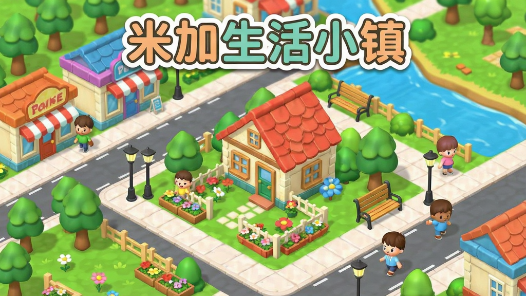 一幅明亮卡通风格的模拟小镇全景图,画面中央是一座带花园的小房子,周围有商店、公园、河流和街道,多个可爱的小镇居民在活动,画面布局采用俯视微斜视角,排版上游戏名称“米加生活小镇”以圆润字体出现在画面正上方,风格为清新活泼的休闲游戏宣传图,细节包括彩色屋顶、树木、路灯、长椅、花坛和微笑的角色,画质高清,干净,无多余元素