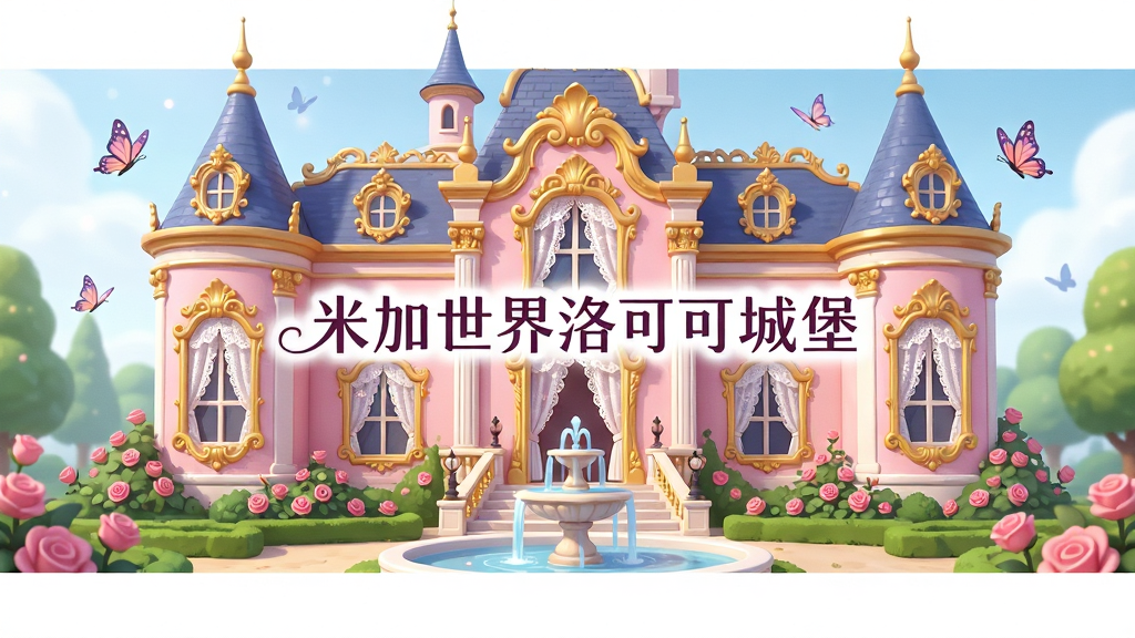 一座华丽的洛可可风格城堡外观,主体建筑为粉色与金色搭配,城堡前有精致的花园和喷泉,画面中央用优雅的花体字写着“米加世界洛可可城堡”,布局为城堡居中远景全貌,排版上下留白,风格为梦幻唯美卡通风,细节包括雕花窗框、蕾丝窗帘、玫瑰花丛、蝴蝶飞舞,画质高清干净,无多余元素
