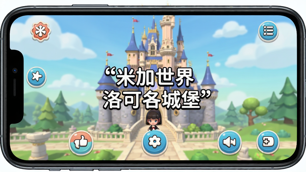 一部智能手机屏幕显示米加世界洛可可城堡的游戏主界面,画面中央用引号标注“米加世界洛可可城堡”,布局为手机居中、界面清晰展示,排版简洁直观,风格为清新卡通风,细节包括城堡背景、功能按钮、角色形象,画质高清干净,无多余元素