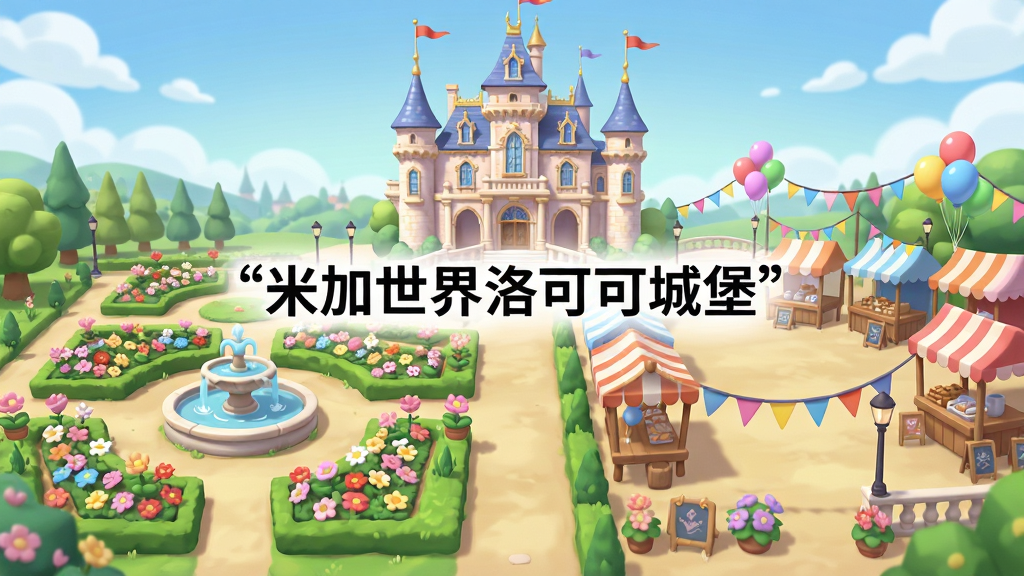 洛可可风格的城堡花园与远处集市的全景画面,画面中央用引号标注“米加世界洛可可城堡”,布局为左右分区展示花园与集市,排版采用宽幅远景,风格为清新梦幻卡通风,细节包括花坛、喷泉、摊位、气球、彩旗,画质高清干净,无多余元素
