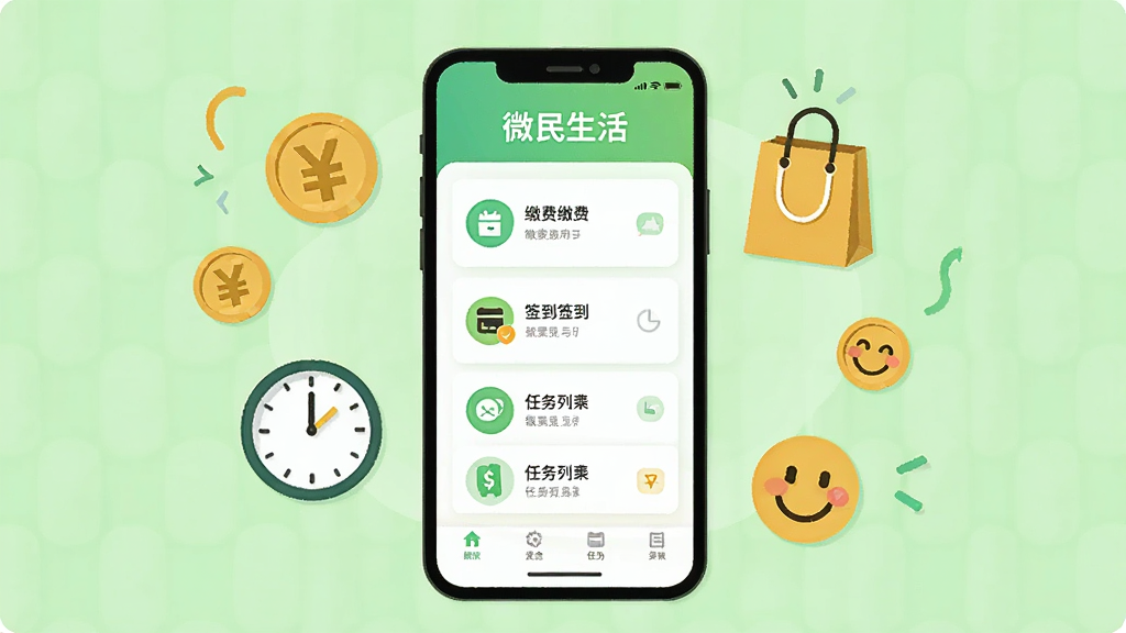 һ��չʾ��΢�������������ܵĲ廭�������������ֻ����棬��ʾ�ɷѡ�ǩ���������б�����Χ��Ӳ�ҡ�ʱ�ӡ��������Ц��ͼ�꣬����Ϊǳ��ɫ������Լ���죬ϸ�����������ʸɾ����޶���Ԫ��