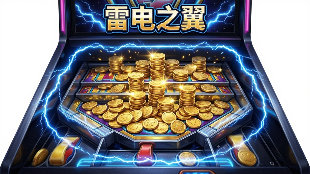 雷电之翼推币机台特写,画面中央为多层推币台面,金币密集堆叠,台面边缘有蓝色闪电光效环绕,机台顶部显示