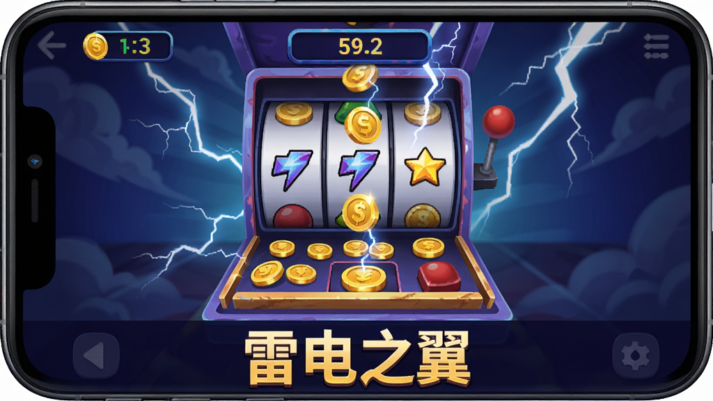 雷电之翼游戏运行界面,手机屏幕显示推币机台与金币掉落动画,画面下方有