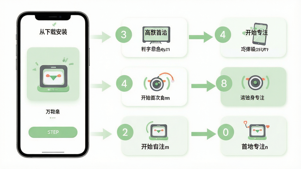 专注花伴应用新手操作指引示意图,画面主体为手机屏幕展示从下载安装到开始首次专注的完整流程,布局采用纵向分步式排版,风格为简洁明快的扁平化信息图,细节包括步骤编号、箭头引导、圆角卡片、淡绿色主色调,画质清晰干净无多余元素