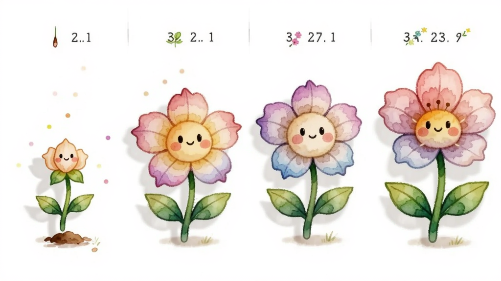 专注花伴应用内花伴角色从种子到开花的成长阶段展示图,画面分为四个横向排列的成长阶段,每个阶段展示不同形态的花朵角色,主体为拟人化花朵,布局采用从左到右的渐进式排版,风格为清新水彩手绘风,细节包括柔和阴影、渐变花瓣、微笑表情,画质高清干净无多余元素