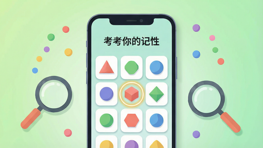 一部安卓手机正面展示,屏幕中显示“考考你的记性”图形辨识界面,画面中有多个不同颜色和形状的几何图形排列成网格,其中一个图形被高亮圈出,手机周围有放大镜和彩色圆点装饰,背景为浅绿色渐变,布局对称,风格为清新扁平插画,细节包括圆角卡片和柔和阴影,画质清晰,干净,无多余元素