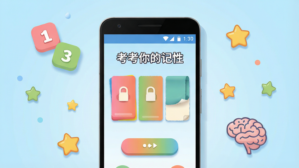 画面中央放置一部安卓手机,手机屏幕上显示“考考你的记性”软件主界面,界面中有彩色卡片和记忆翻牌元素,手机周围散落着数字方块、星星图标和大脑轮廓的装饰图形,背景为浅蓝色渐变,整体布局干净整洁,风格为扁平化卡通插画,细节包括柔和阴影和圆角按钮,画质清晰,干净,无多余元素