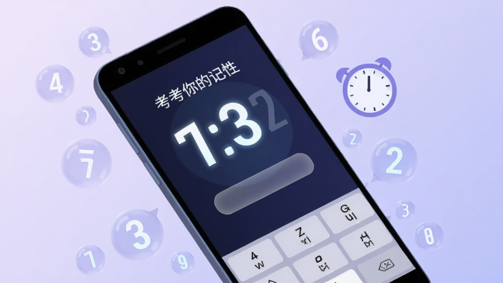 一部安卓手机倾斜展示,屏幕中显示“考考你的记性”数字复述界面,画面中有大号数字和虚拟键盘,手机周围漂浮着数字气泡和时钟图标,背景为淡紫色渐变,布局居中偏左,风格为现代扁平插画,细节包括发光数字和半透明按钮,画质清晰,干净,无多余元素