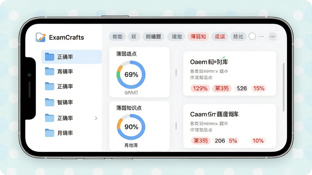 ExamCrafts智能题库分类功能界面,主体为手机屏幕中显示多个科目文件夹与标签筛选栏,布局为左侧科目列表右侧题目卡片预览,排版整齐有序,风格为清新浅色系扁平化设计,细节包括正确率百分比环形图与薄弱知识点红色标记,画质高清,干净,无多余元素