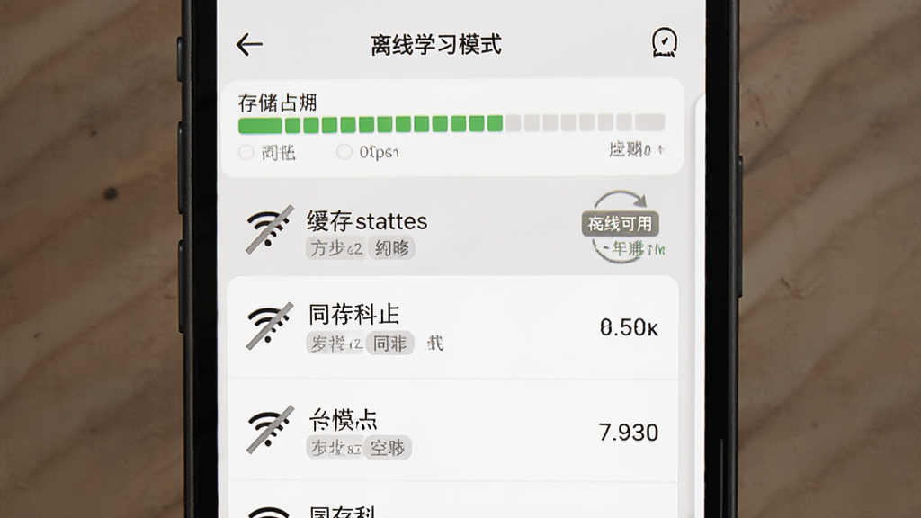ExamCrafts离线学习模式界面,主体为手机屏幕显示下载管理页面与离线可用标识,布局为上方存储占用条下方已缓存科目列表,排版清晰,风格为浅灰质感设计,细节包括WiFi图标加斜杠、同步状态标签和存储空间数值,画质高清,干净,无多余元素