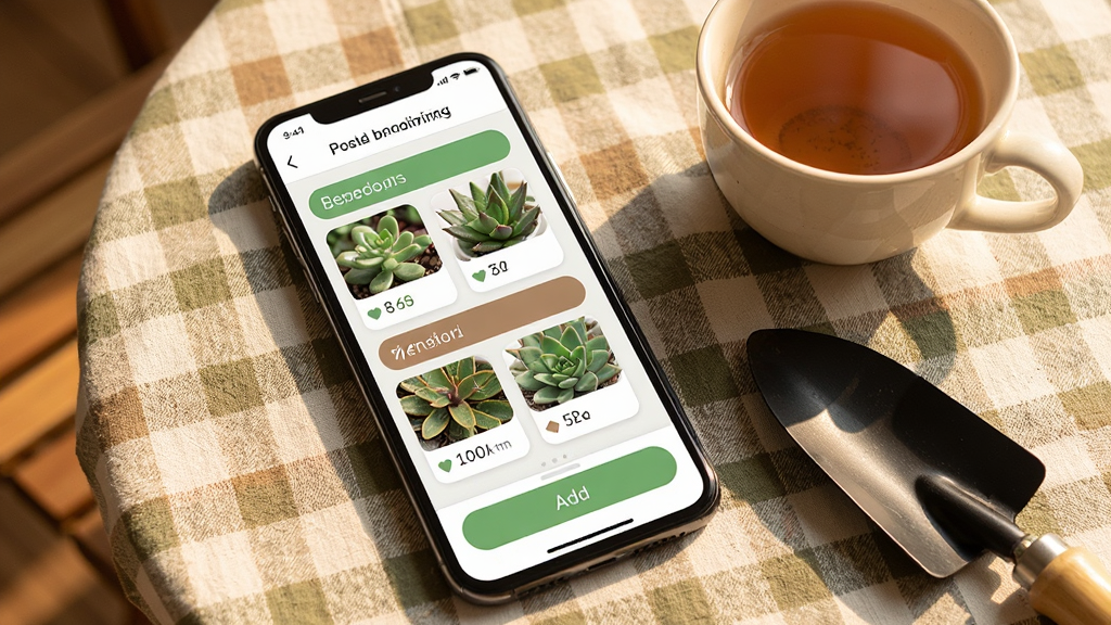 一张种花日记应用分类管理界面示意图,手机屏幕展示多个植物分类标签如多肉、草本、木本,每个标签下显示植物缩略图和记录数量,屏幕下方有添加按钮,手机放置在一张铺有格子桌布的桌面上,旁边有一杯茶和一把小园艺铲,风格生活化,光线温暖,画质清晰,干净,无多余元素