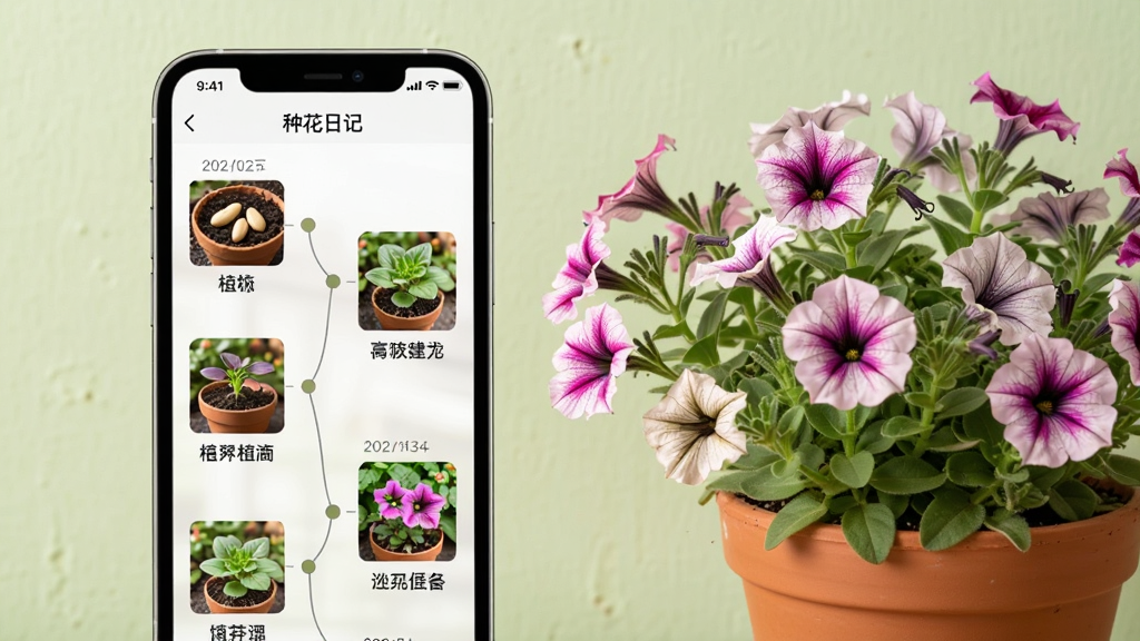 一张种花日记应用内植物生长时间线功能展示图,画面中手机屏幕显示多个日期节点,每个节点配有植物照片和简短文字,从种子到开花的过程清晰可见,手机旁放置一盆盛开的矮牵牛,背景为淡绿色墙面,光线明亮柔和,风格温馨自然,画质清晰,干净,无多余元素