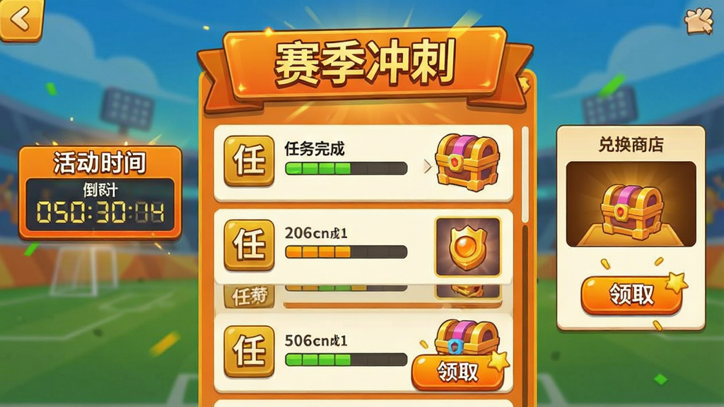 迷你足球明星游戏内活动界面截图,画面展示一个限时活动页面,中央是活动主题横幅,上面写着「赛季冲刺」字样,下方排列着任务列表和奖励预览。画面左侧是活动剩余时间倒计时,右侧是兑换商店入口。布局采用纵向滚动式排版,风格为卡通扁平化设计,色调以橙色和金色为主,营造出热烈的活动氛围。细节包括任务完成进度条、奖励宝箱图标、闪烁的领取按钮。画质清晰,画面干净,无多余元素。
