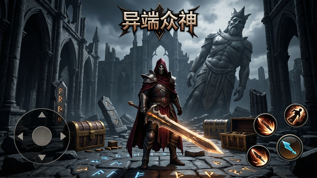 游戏主界面场景,画面中央站立一位身披暗红斗篷的异端战士,手持发光巨剑,背景是破败的哥特式神庙废墟,远处有巨大神像残骸,地面散落符文石与宝箱,画面左侧显示虚拟摇杆,右侧显示技能按钮,顶部标注“异端众神”游戏Logo,暗黑奇幻风格,高对比度光影,细节丰富,画质清晰,干净无多余元素