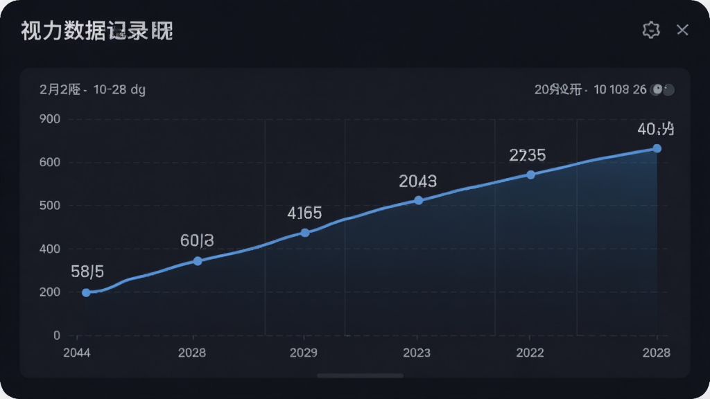 亮眼守护软件中的视力数据记录页面,主体是折线图表,布局上下结构,排版整齐,风格为简约商务风,细节上包含日期和视力数值标注,画质高清,干净,无多余元素