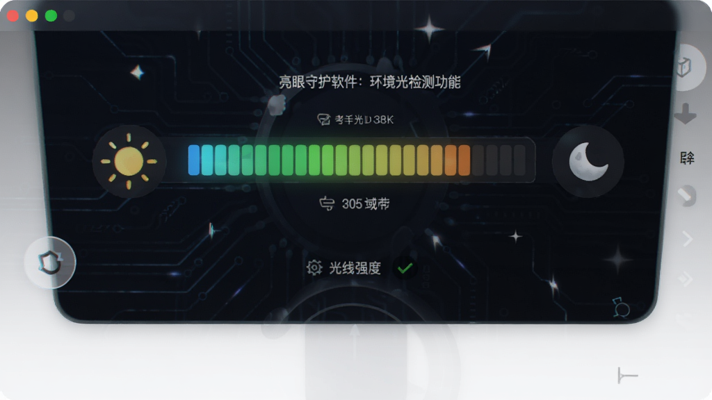 亮眼守护软件的环境光检测功能界面,主体是光线强度指示条,布局居中,排版直观,风格为科技感深色背景,细节上包含太阳和月亮图标,画质高清,干净,无多余元素