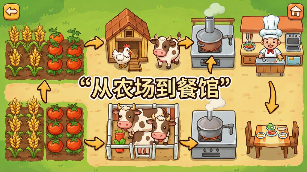 一张卡通风格的经营游戏截图,画面主体是一个完整的产业链场景,左侧是种满小麦和番茄的农田,中间是鸡舍和牛棚,右侧是带有厨房的餐馆,有箭头从农田指向厨房再指向餐桌。布局上从左到右依次展示种植区、养殖区、加工区和销售区,形成一个闭环。风格为2D卡通手绘风格,细节包含成熟的作物、可爱的动物和忙碌的厨师,色彩温暖明亮,画质清晰,画面干净,无多余元素,图片中间用引号标注