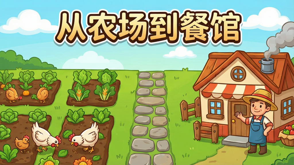 一张卡通风格的安卓游戏宣传图,画面主体是一座建在绿色农田旁边的温馨小餐馆,左侧是整齐的菜地和几只鸡在啄食,右侧是冒着炊烟的餐馆,餐馆门口站着一位戴着草帽的农场主。布局上农田占据左侧三分之一,餐馆占据右侧三分之一,中间用一条石板小路连接,天空是明亮的浅蓝色带有几朵白云。风格为2D卡通手绘风格,细节丰富,色彩温暖明亮,画质清晰,画面干净,无多余元素,图片上方用醒目的圆润字体写着