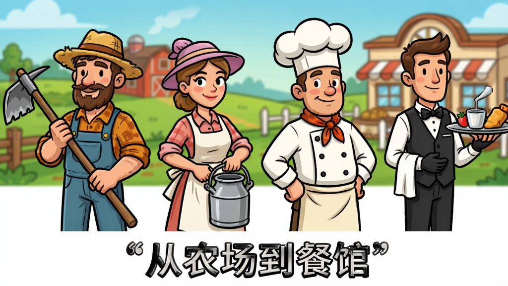 一张卡通风格的角色展示图,画面主体是四位不同职业的游戏角色站成一排,从左到右分别是拿着锄头的农夫、提着奶桶的挤奶工、戴着厨师帽的厨师和端着托盘的服务员。布局上四人并排站立,背景是农场和餐馆的远景。风格为2D卡通手绘风格,细节包含每个人物不同的服装和道具,表情生动,色彩鲜明,画质清晰,画面干净,无多余元素,图片下方用引号标注