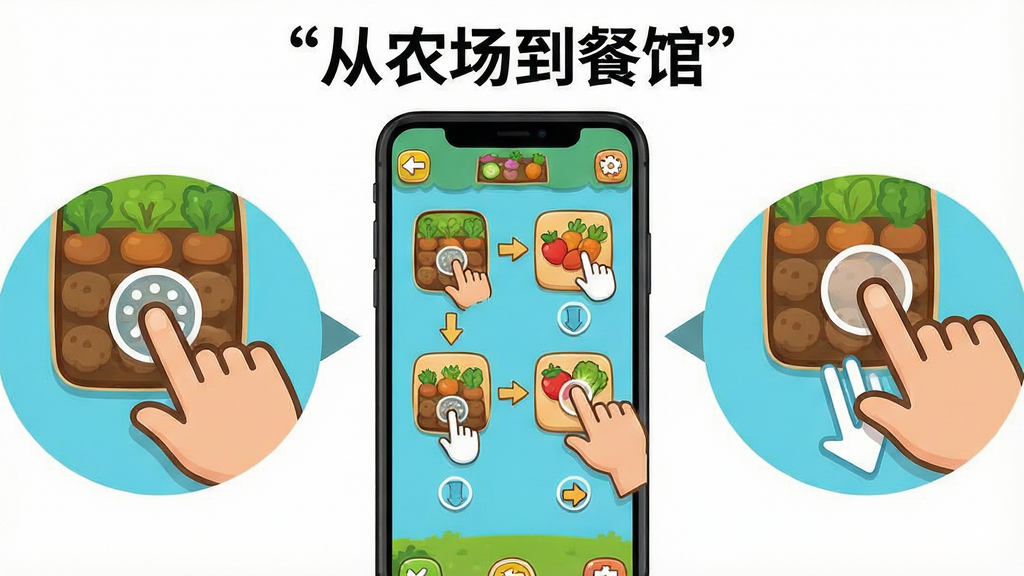 一张卡通风格的游戏操作指引图,画面主体是一部智能手机屏幕,屏幕上显示从农场到餐馆的游戏界面,有手指点击农田和拖拽收获的示意图标,旁边有箭头和圆圈标注操作步骤。布局上手机位于画面中央,左右两侧有放大的操作细节特写。风格为2D扁平化教学插图风格,细节包含点击、拖拽、滑动等手势图标,色彩清晰明快,画质干净,无多余元素,图片上方用引号标注