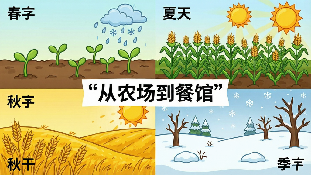 一张卡通风格的四季变化示意图,画面主体是一片农田在四个季节下的不同样貌,左上角是春天的嫩绿幼苗,右上角是夏天的茂盛作物和烈日,左下角是秋天的金黄麦浪,右下角是冬天的白雪覆盖和枯枝。布局上四格等分排列,每格角落标注季节名称。风格为2D卡通手绘风格,细节包含不同季节的天气元素如雨滴、雪花、太阳,色彩随季节变化,画质清晰,画面干净,无多余元素,图片中央用引号标注