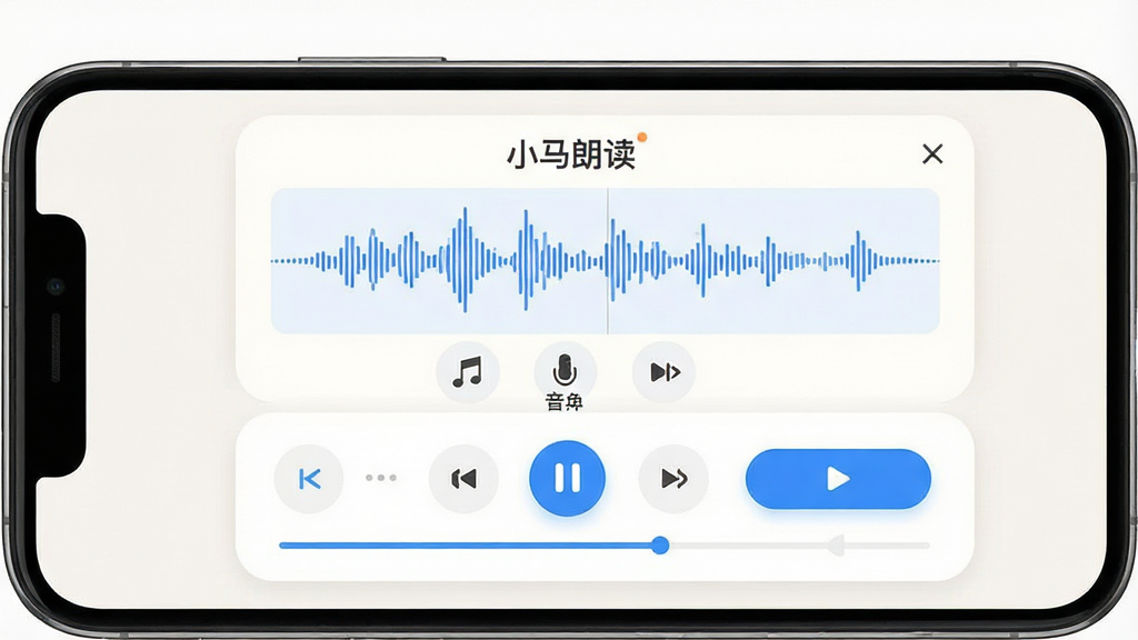 一款名为“小马朗读”的手机应用界面展示图,画面主体为手机屏幕正视图,屏幕中央是语音合成播放器面板,面板上显示“小马朗读”文字标识和音色选择列表,布局采用上下结构,上半部分为波形可视化区域,下半部分为控制按钮和进度条,风格为干净的UI设计展示图,细节包括浅色背景、圆角卡片、蓝色高亮按钮,画质清晰,无多余元素