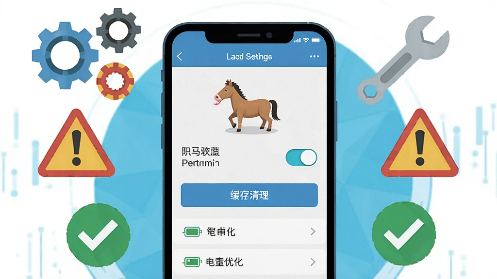 一幅手机应用问题排查的示意图,画面中央是一部手机,屏幕显示小马朗读的设置界面,周围环绕着齿轮、扳手、警告图标、对勾图标等元素,布局为环绕式构图,风格为扁平化科技插画,细节包括权限开关、缓存清理按钮、电池优化选项,画质清晰,无多余元素