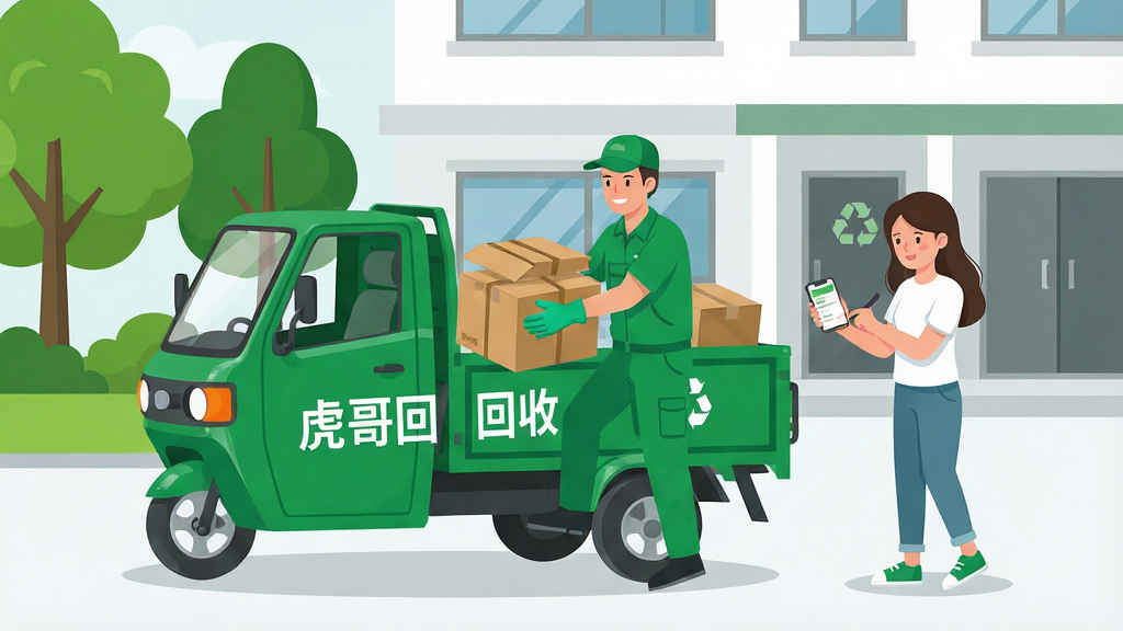一张展示城市社区废品回收场景的插图,画面中央是一辆印有“虎哥回收”字样的绿色回收三轮车停在居民楼下,一位身穿绿色工作服、戴着手套的回收员正将捆扎好的纸壳箱搬上车,旁边站着一位拿着手机的年轻女性用户正在核对订单信息。背景是整洁的居民小区,有绿树和单元门,地面干净。整体风格为扁平化矢量插画,色彩以绿色、白色、浅灰为主,突出环保与便捷感,画面干净整洁,无多余元素,高清画质。
