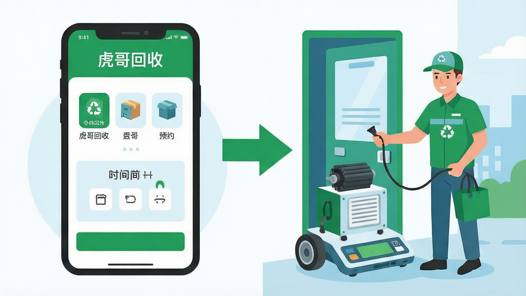 一张信息图表风格的插图,画面分为左右两部分,左侧是手机屏幕显示“虎哥回收”预约界面,右侧是回收员上门称重的场景,中间用绿色箭头连接。整体布局清晰,排版整齐,风格为扁平化信息图,色彩以绿色、白色、浅蓝为主,细节包括分类图标、时间选择器、电子秤等元素,画面干净,无多余元素,高清画质。